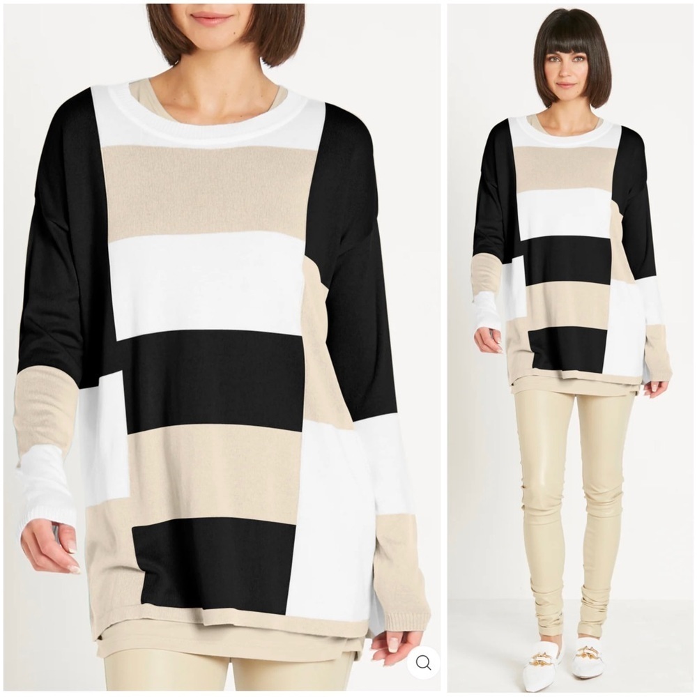 PLANET By Lauren G Lightweight Neutral Colorblock Casual Pullover Sweater OS